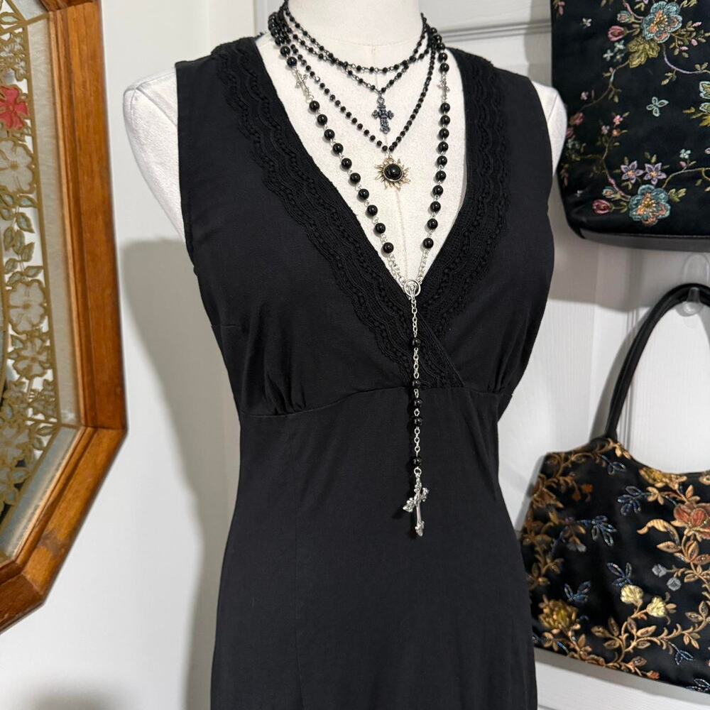 VTG Y2K Express Black Linen & Cotton Blend Sleeveless Mermaid Hem Midi Dress - Picture 2 of 8